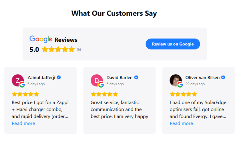 5-star Google reviews for Evergy, trusted EV charger and solar supplier in Thame, featuring customer testimonials praising fast delivery, great service, and competitive pricing.